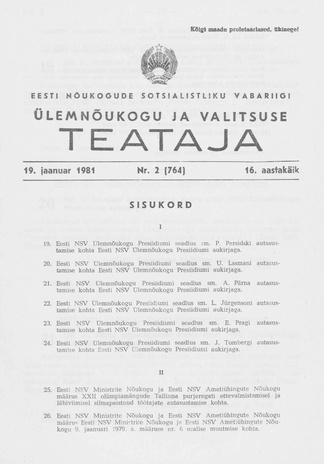 Eesti Nõukogude Sotsialistliku Vabariigi Ülemnõukogu ja Valitsuse Teataja ; 2 (764) 1981-01-19