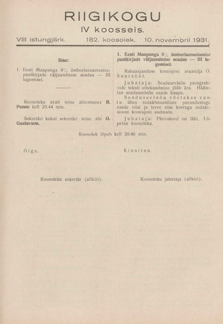 Riigikogu IV koosseis : täielikud protokollid : VIII istungjärk : protokoll nr. 182