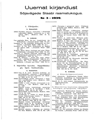 Uuemat Kirjandust Kaitsevägede Staabi raamatukogus ; 3 1939
