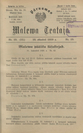Pärnumaa Maleva Teataja ; 19 (23) 1929-10-10