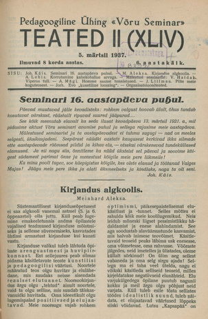 Pedagoogiline Ühing "Võru Seminar" : teated ; II (XLIV) 1937-03-05