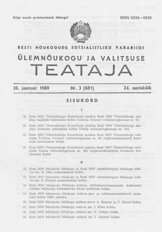 Eesti Nõukogude Sotsialistliku Vabariigi Ülemnõukogu ja Valitsuse Teataja ; 3 (881) 1989-01-20