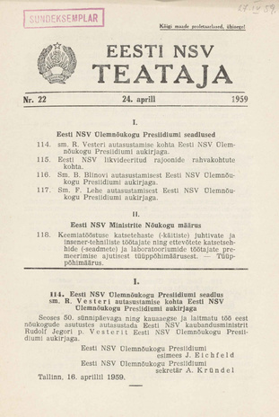 Eesti NSV Teataja = Ведомости Эстонской ССР ; 22 1959-04-24/25