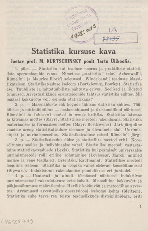 Statistika kursuse kava : loetav prof. Kurtschinsky poolt Tartu Ülikoolis