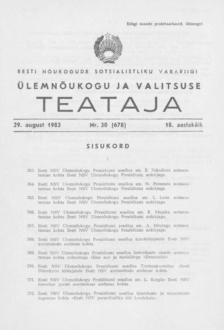 Eesti Nõukogude Sotsialistliku Vabariigi Ülemnõukogu ja Valitsuse Teataja ; 30 (678) 1983-08-26