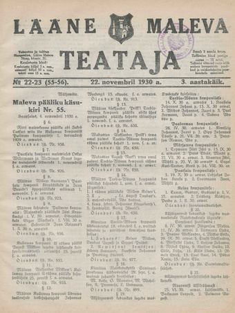 Lääne Maleva Teataja ; 22-23 (55-56) 1930-11-22