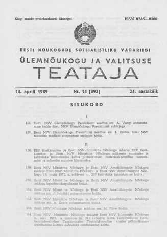 Eesti Nõukogude Sotsialistliku Vabariigi Ülemnõukogu ja Valitsuse Teataja ; 14 (892) 1989-04-14