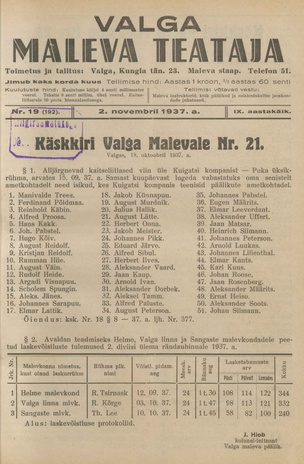 Valga Maleva Teataja ; 19 (192) 1937-11-02
