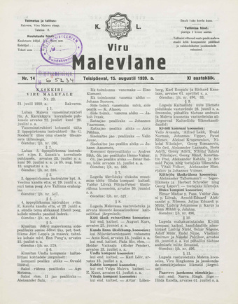 K. L. Viru Malevlane ; 14 1939-08-15