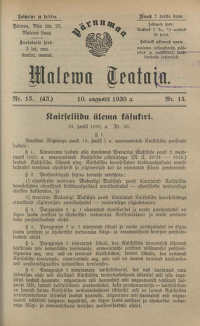 Pärnumaa Maleva Teataja ; 15 (43) 1930-08-10