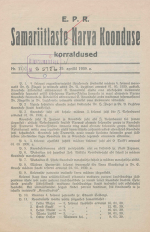 EPR Samariitlaste Narva Koonduse korraldused ; 11 1939-04-25