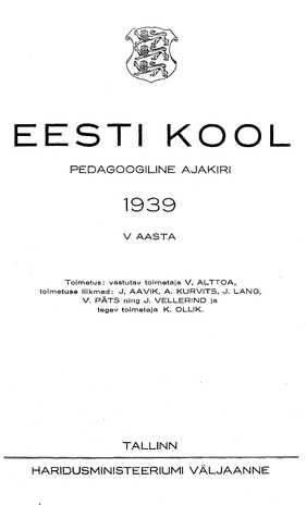 Eesti Kool ; sisukord 1939