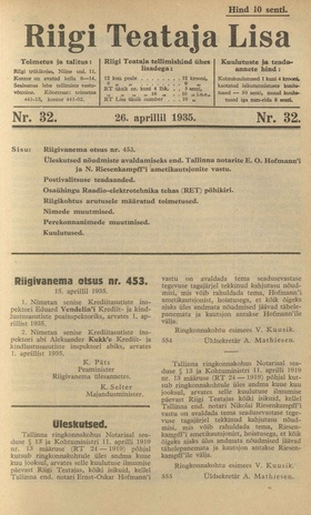Riigi Teataja Lisa : seaduste alustel avaldatud teadaanded ; 32 1935-04-26