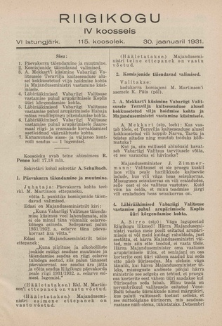 Riigikogu IV koosseis : täielikud protokollid : VI istungjärk : protokoll nr. 115