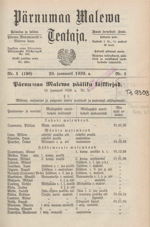 Pärnumaa Maleva Teataja ; 1 (196) 1939-01-20
