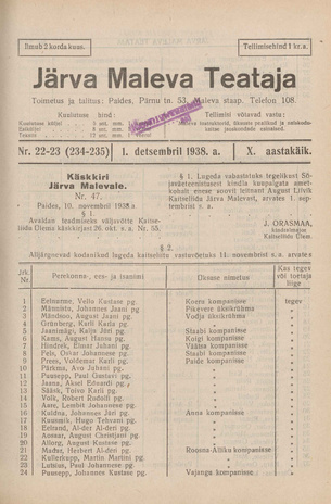 Järva Maleva Teataja ; 22-23 (234-235) 1938-12-01