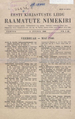 Eesti Kirjastuste Liidu raamatute nimekiri ; 2 (4) 1940-06-02