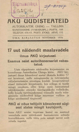 AKÜ Uudisteateid ; 1936-11