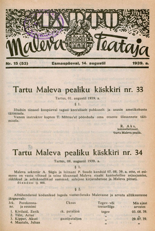 Tartu Maleva Teataja ; 15 (53) 1939-08-14