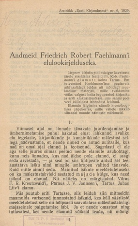 Andmeid Friedrich Robert Faehlmann'i elulookirjelduseks