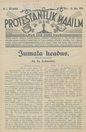 Protestantlik Maailm : Usu- ja kirikuküsimusi käsitlev vabameelne ajakiri ; 1 1936-01-18