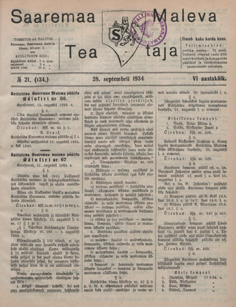 Saaremaa Maleva Teataja ; 21 (134) 1934-09-28