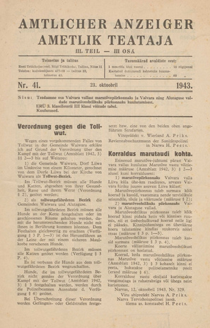 Ametlik Teataja. III osa = Amtlicher Anzeiger. III Teil ; 41 1943-10-23
