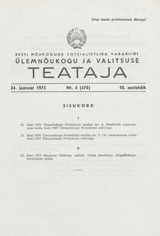 Eesti Nõukogude Sotsialistliku Vabariigi Ülemnõukogu ja Valitsuse Teataja ; 4 (478) 1975-01-24