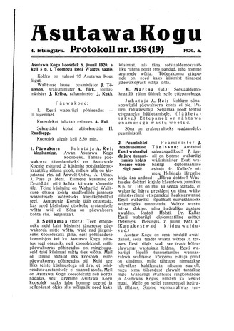 Asutawa Kogu protokoll nr.138 (19) (8. juuni 1920)