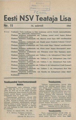 Eesti NSV Teataja lisa ; 11 1941-03-14