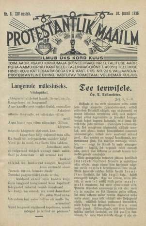 Protestantlik Maailm : Usu- ja kirikuküsimusi käsitlev vabameelne ajakiri ; 6 1936-06-20