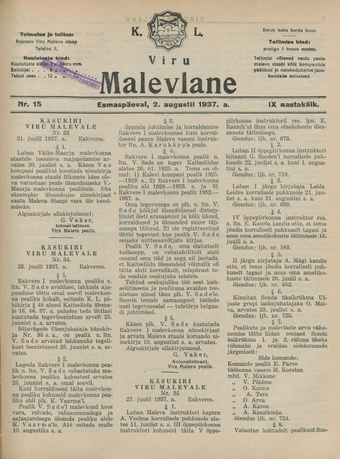 K. L. Viru Malevlane ; 15 1937-08-02