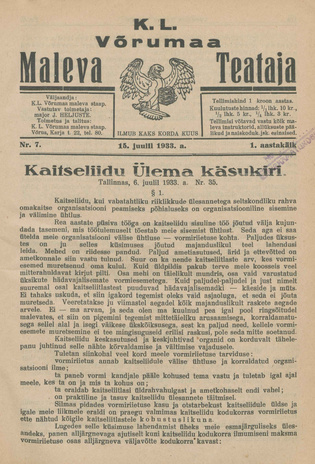 K. L. Võrumaa Maleva Teataja ; 7 1933-07-15
