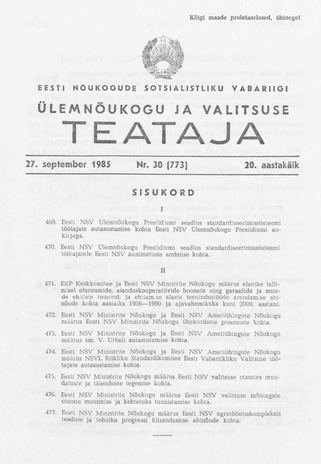 Eesti Nõukogude Sotsialistliku Vabariigi Ülemnõukogu ja Valitsuse Teataja ; 30 (773) 1985-09-27