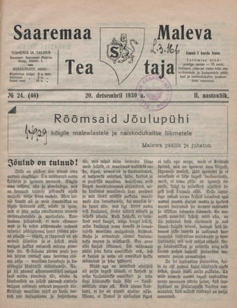 Saaremaa Maleva Teataja ; 24 (46) 1930-12-20