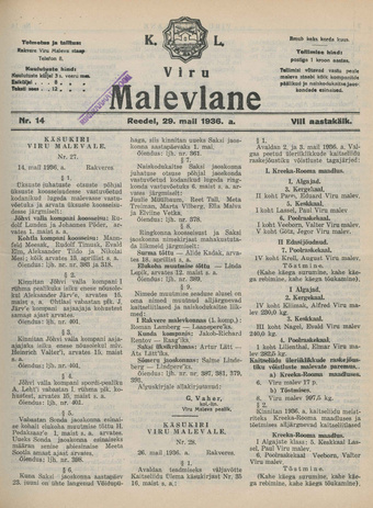 K. L. Viru Malevlane ; 14 1936-05-29