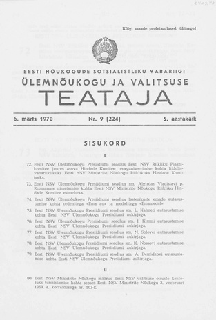 Eesti Nõukogude Sotsialistliku Vabariigi Ülemnõukogu ja Valitsuse Teataja ; 9 (224) 1970-03-06