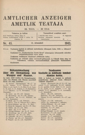 Ametlik Teataja. III osa = Amtlicher Anzeiger. III Teil ; 43 1942-12-18