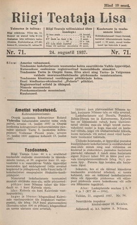 Riigi Teataja Lisa : seaduste alustel avaldatud teadaanded ; 71 1937-08-24