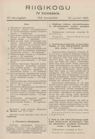 Riigikogu IV koosseis : täielikud protokollid : VII istungjärk : protokoll nr. 154