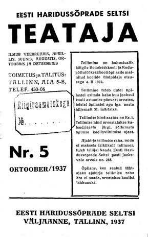 Eesti Haridussõprade Seltsi Teataja ; 5 1937-10