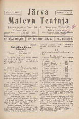 Järva Maleva Teataja ; 20/21 (184/185) 1936-10-20