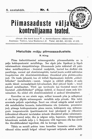 Piimasaaduste Väljaveo Kontrolljaama Teated ; 4 1928-04