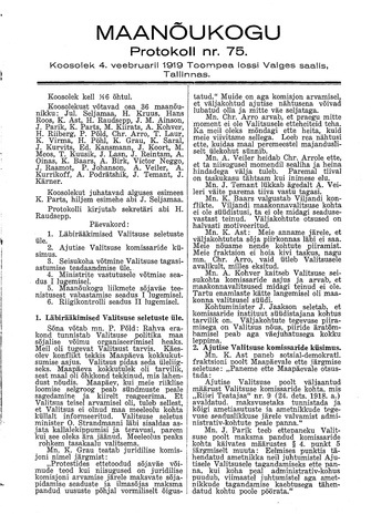 Maanõukogu protokoll nr.75 (4. veebruar 1919)