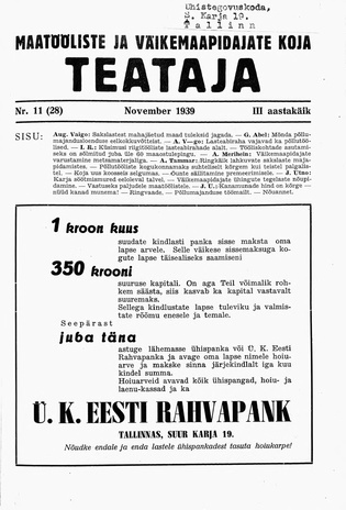 Maatööliste ja Väikemaapidajate Koja Teataja ; 11 (28) 1939-11