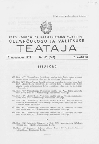 Eesti Nõukogude Sotsialistliku Vabariigi Ülemnõukogu ja Valitsuse Teataja ; 45 (362) 1972-11-10