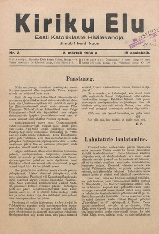 Kiriku Elu : Eesti Katoliiklaste Häälekandja ; 3 1936-03-02