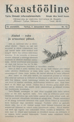 Kaastööline : Tartu Ühisabi Informatsioonileht ; 12 1939-12-07