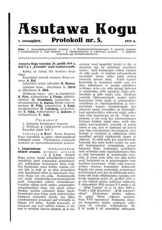 Asutawa Kogu protokoll nr.5 (29. aprill 1919)