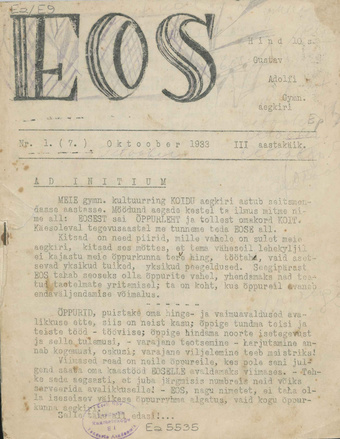 Eos : Gustav Adolfi Gümnaasiumi õppurkiri ; 1 (7) 1933-10